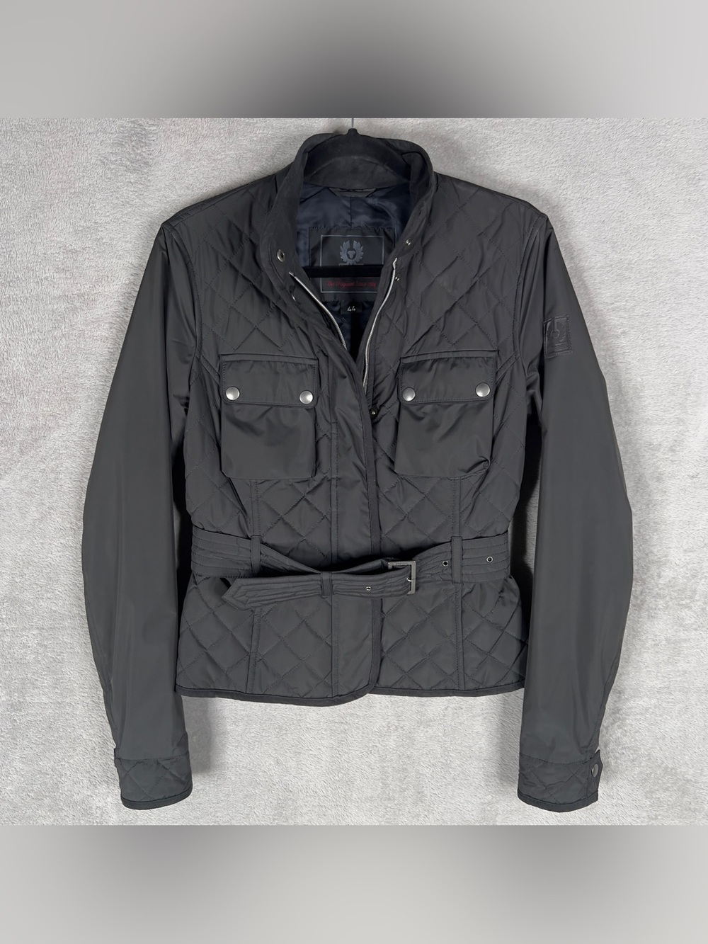 Belstaff Silver Label Quilted Moto Jacket Women’s 44 US 10 Black Full Zip Belted